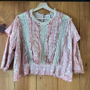 Sweet Magnolia Pearl Blouse with crochet lace insets, beautiful fit! Worn once!